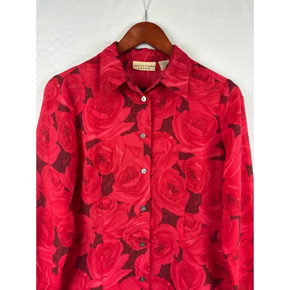 Apostrophe Petite Red Rose Pattern Button-Up Blou… - image 1